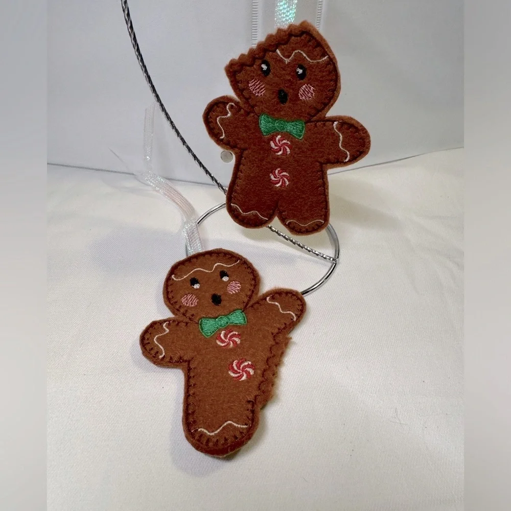 gingerbread ornament handmade set of 2 iridescent ribbon to hang on tree 4”